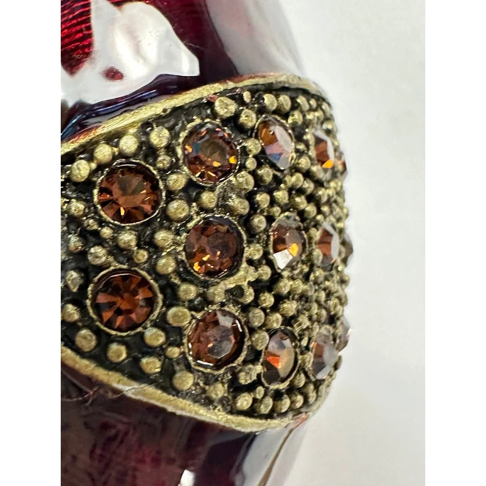 Round Burgundy Trinket Jewelry Box with Rhinestone Bow Accent Display Decor‎